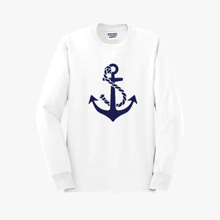 Navy Anchor Long Sleeve Shirt Coastal Nautical Graphic Tee #HPLS-WHT-NYANCH - Small - Screen Printed T-Shirt - Women’s
