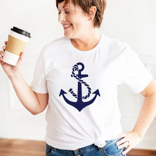 Navy Anchor White T Shirt Nautical Coastal Beach Graphic Tee #HPTS-WHT-NYANCH - Screen Printed T-Shirt - Women’s