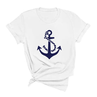 Navy Anchor White T Shirt Nautical Coastal Beach Graphic Tee #HPTS-WHT-NYANCH - Screen Printed T-Shirt - Women’s