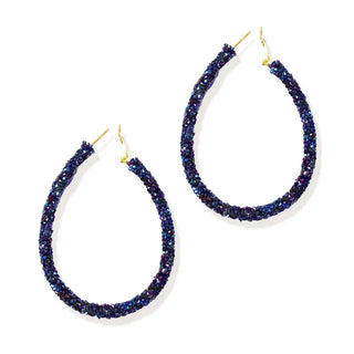 Navy Moonstone Oval Hoop Earrings Blue Statement Jewelry Gift for Her #VLJE2110-NAVY - Hoop Earrings