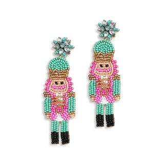 Nutcracker Earrings Mint Beaded Christmas Holiday Statement Jewelry #VLJE6595-MINT - Dangle Earrings