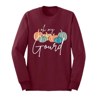 Oh My Gourd Long Sleeve Shirt Funny Fall Pumpkin Graphic Tee #HPLS-GOURD - Garnet / Small - Screen Printed T-Shirt