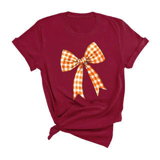 Orange Check Bow T Shirt Gameday Coquette Football Graphic Tee #HPTS-ORGBOW - Garnet / Small - Screen Printed T-Shirt