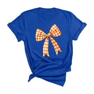 Orange Check Bow T Shirt Gameday Coquette Football Graphic Tee #HPTS-ORGBOW - Royal Blue / Small - Screen Printed