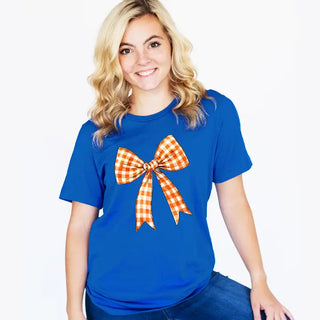 Orange Check Bow T Shirt Gameday Coquette Football Graphic Tee #HPTS-ORGBOW - Screen Printed T-Shirt - Women’s