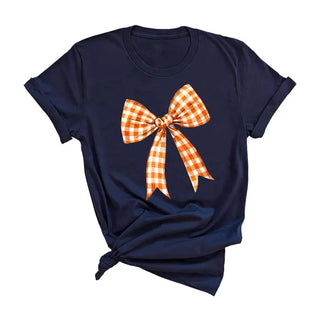 Orange Check Bow T Shirt Gameday Coquette Football Graphic Tee #HPTS-ORGBOW - Navy / Small - Screen Printed T-Shirt
