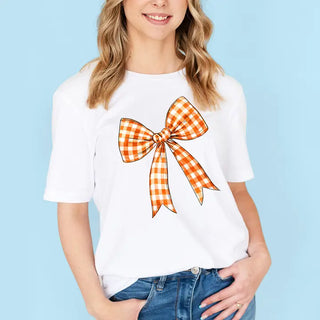 Orange Check Bow T Shirt Gameday Coquette Football Graphic Tee #HPTS-ORGBOW - White / Small - Screen Printed T-Shirt