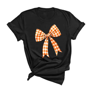 Orange Check Bow T Shirt Gameday Coquette Football Graphic Tee #HPTS-ORGBOW - Black / Small - Screen Printed T-Shirt