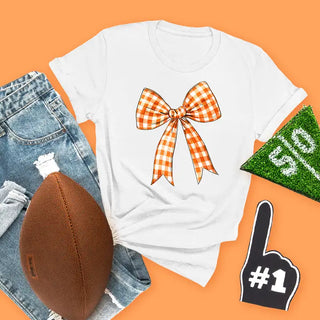 Orange Check Bow T Shirt Gameday Coquette Football Graphic Tee #HPTS-ORGBOW - Screen Printed T-Shirt - Women’s