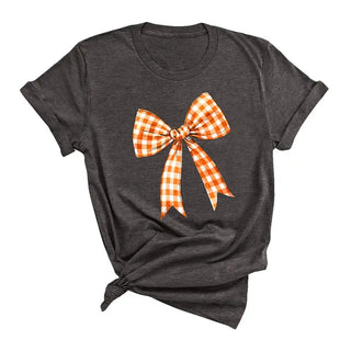 Orange Check Bow T Shirt Gameday Coquette Football Graphic Tee #HPTS-ORGBOW - Dark Grey / Small - Screen Printed