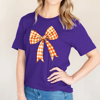 Orange Check Bow T Shirt Gameday Coquette Football Graphic Tee #HPTS-ORGBOW - Purple / Small - Screen Printed T-Shirt