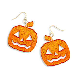 Orange Glitter Jack O Lantern Earrings Halloween Pumpkin Jewelry #ACE-300GD-JACK24-ORGGLT - Dangle Earrings