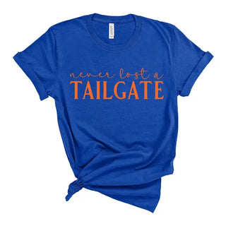 Orange Never Lost a Tailgate T Shirt Football Game Day Fan Tee #HPTS-ORGTAIL - Royal Blue / Small - Screen Printed