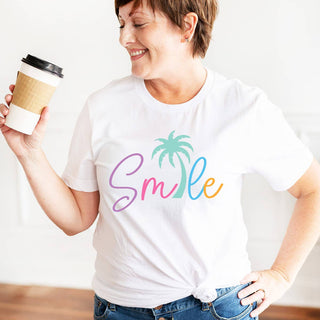 Palm Tree Smile Graphic T Shirt Coastal Beach Vacation Tee Unisex #HPTS-WHT-SMILE23 - Screen Printed T-Shirt - Women’s