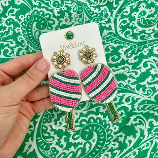 Pickleball Diva Earrings Pink Green Beaded Statement Sports Jewelry #VLJE643-PKGRN - Dangle Earrings