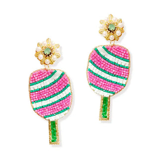 Pickleball Diva Earrings Pink Green Beaded Statement Sports Jewelry #VLJE643-PKGRN - Dangle Earrings