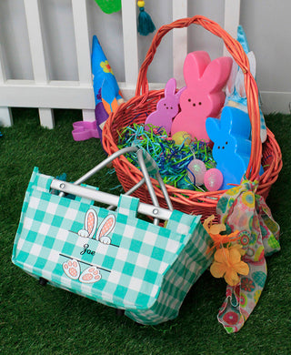 Pink Bunny Feet - Personalized Mint Check Mini Market Tote #MTVLMC-PINKFEET-P - Tote Bag - Kids