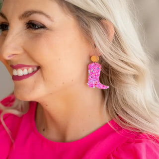 Pink Glitter Cowgirl Boot Earrings Western Country Concert Jewelry #VLJE927-PK - Dangle Earrings