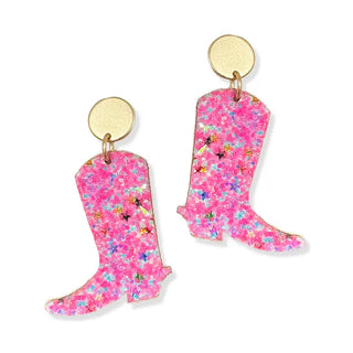 Pink Glitter Cowgirl Boot Earrings Western Country Concert Jewelry #VLJE927-PK - Dangle Earrings