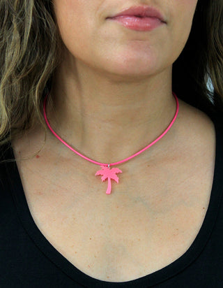 Pink Leatherette Choker Necklace with Palm Tree Charm #ACN2671PINK-TREE - Pendant/Charm Necklace