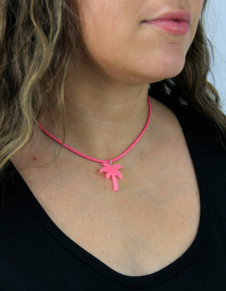 Pink Leatherette Choker Necklace with Palm Tree Charm #ACN2671PINK-TREE - Pendant/Charm Necklace