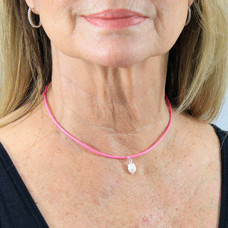 Pink Leatherette Choker Necklace with Pearl Charm #ACN2671PINK-PEARL - Pendant/Charm Necklace