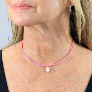 Pink Leatherette Choker Necklace with Pearl Charm #ACN2671PINK-PEARL - Pendant/Charm Necklace