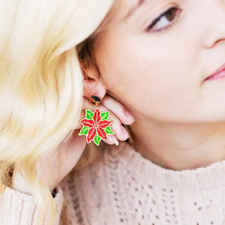 Poinsettia Earrings Enamel Christmas Flower Holiday Statement Jewelry #VLJE938-POINT - Dangle Earrings