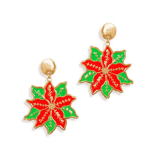 Poinsettia Earrings Enamel Christmas Flower Holiday Statement Jewelry #VLJE938-POINT - Dangle Earrings