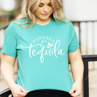 Powered by Tequila T Shirt Funny Margarita Party Graphic Tee #HPTS-HMINT-TEQ23 - Screen Printed T-Shirt - Women’s