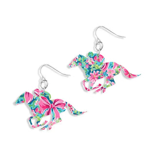 Preppy Floral Derby Earrings Horse Jockey Kentucky Race Day Jewelry #ACE-300SV-DERBY-PREP - Dangle Earrings