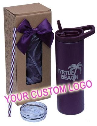 Purple Skinny 20oz Tumbler with Hook Handle & Clear Lid Set #TSK204PU-CUSTOM - Insulated Mug/Tumbler