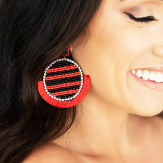Red Black Tailgate Earrings Beaded Football Game Day Jewelry #VLJ2887-RED - Dangle Earrings
