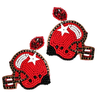 Red Football Helmet Earrings Beaded Game Day Tailgate Jewelry #VLJE6048-RED - Dangle Earrings