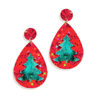 Red Glitter Christmas Tree Statement Earrings Holiday Jewelry #VLJE1504-RDTREE - Dangle Earrings