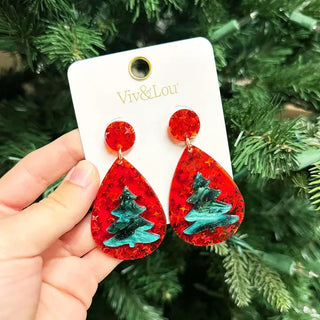 Red Glitter Christmas Tree Statement Earrings Holiday Jewelry #VLJE1504-RDTREE - Dangle Earrings