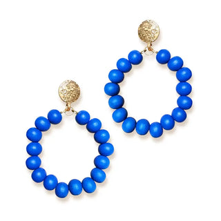 Royal Blue Beaded Hoop Earrings Gold Tone Game Day Statement Jewelry #VLJE4109-RBL - Dangle Earrings