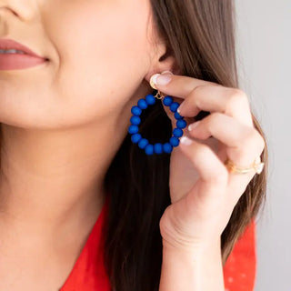 Royal Blue Beaded Hoop Earrings Gold Tone Game Day Statement Jewelry #VLJE4109-RBL - Dangle Earrings