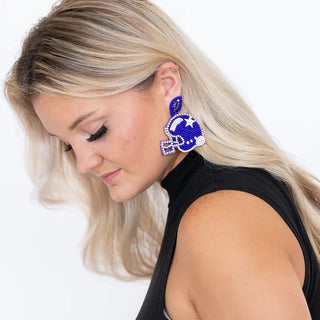 Royal Blue Football Helmet Earrings Beaded Game Day Team Spirit Jewelry #VLJE6048-RBL - Dangle Earrings