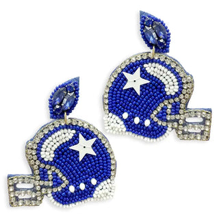 Royal Blue Football Helmet Earrings Beaded Game Day Team Spirit Jewelry #VLJE6048-RBL - Dangle Earrings