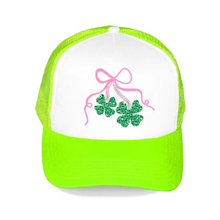 Shamrock Bow Trucker Hat Lucky St Patrick’s Day Mesh Cap #L197-SMSHAMB - Neon Green - Trucker Hat - Women’s