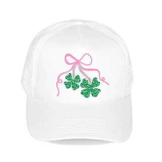 Shamrock Bow Trucker Hat Lucky St Patrick’s Day Mesh Cap #L197-SMSHAMB - White - Trucker Hat - Women’s