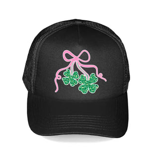 Shamrock Bow Trucker Hat Lucky St Patrick’s Day Mesh Cap #L197-SMSHAMB - Black - Trucker Hat - Women’s