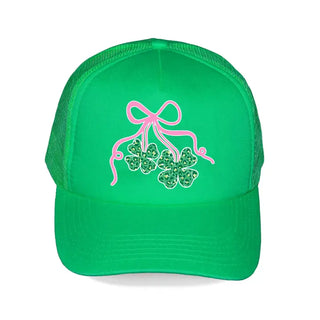 Shamrock Bow Trucker Hat Lucky St Patrick’s Day Mesh Cap #L197-SMSHAMB - Kelly Green - Trucker Hat - Women’s