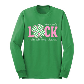 Shamrock Luck Long Sleeve Shirt St Patricks Day Graphic Tee #HPLS-KGRN-CHKSHAM24 - Small - T-Shirt (Graphic) - Women’s