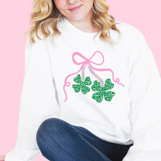 Shamrocks Bows Sweatshirt Cute St Patricks Day Lucky Pullover #HPSW-SHAMB - Graphic Sweatshirt - Women’s