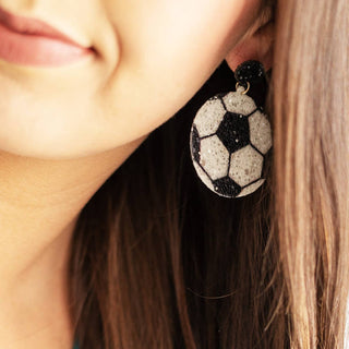 Soccer Junkie Earrings White Glitter Game Day Sports Jewelry Gift #VLJE321-SOC - Dangle Earrings