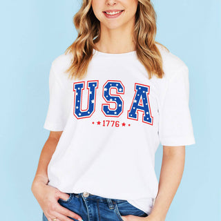 Star T Shirt Patriotic Fourth of July American Flag Graphic Tee #HPTS-WHT-STRUSA24 - Screen Printed T-Shirt - Women’s