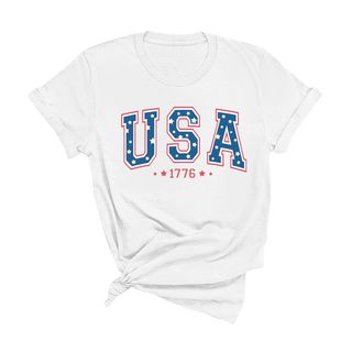 Star T Shirt Patriotic Fourth of July American Flag Graphic Tee #HPTS-WHT-STRUSA24 - Screen Printed T-Shirt - Women’s
