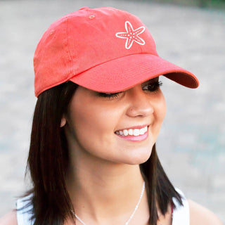 Starfish Coral Embroidered Baseball Cap Coastal Beach Hat for Women #M190VL-CORAL-WHTSTR - Baseball Cap - Women’s